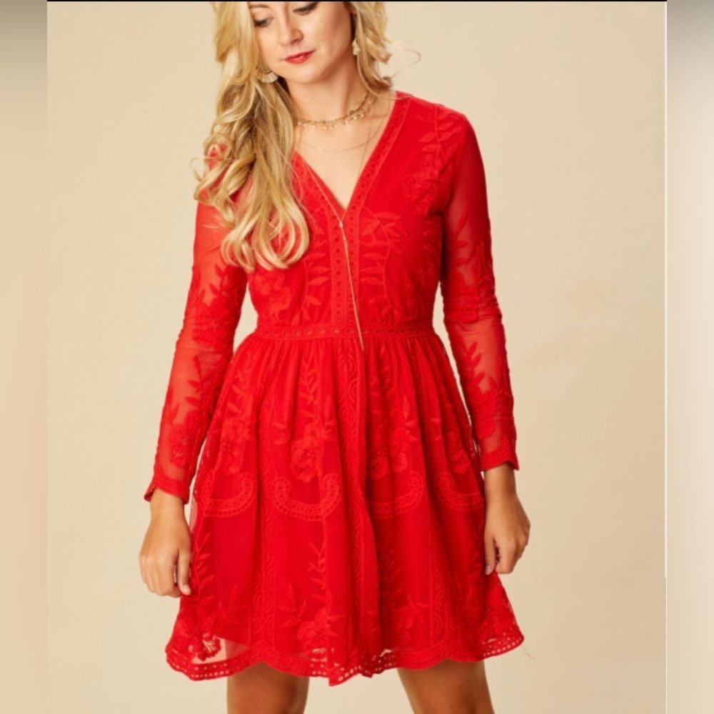 NWOT Altar’d State Lavesta Lace Long Sleeve Red Dress Size M